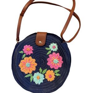 Round Straw Crossbody Bag Floral Embroidered Shoulder Bag Purse‎
